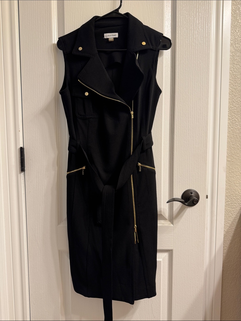 Calvin Klein Black Sleeveless Belted Moto Dress with Gold Accents